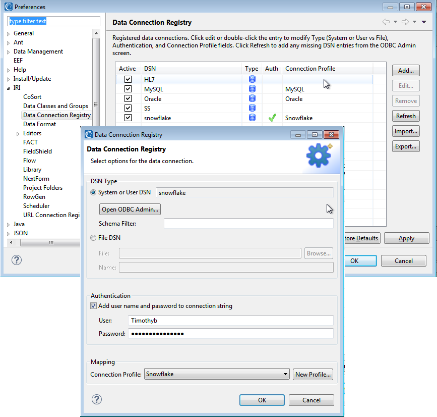 Snowflake data connection registry wizard