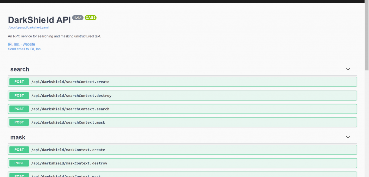 This image shows base endpoints of the DarkShield API for searching and masking text